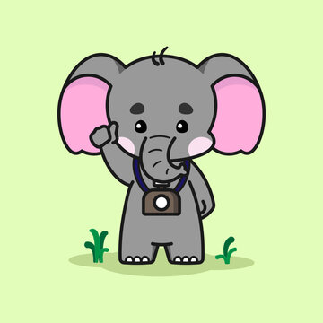 Cute elephant with a camera is in a good mood. Cute elephant cartoon illustration isolated in green background. Vector illustration. Fit for mascot, children's book, icon, t-shirt design, etc.
