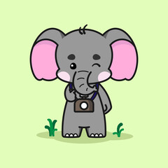 Cute elephant with a camera is making the Korean love sign. Cute elephant cartoon illustration isolated in green background. Fit for mascot, children's book, icon, t-shirt design, etc.