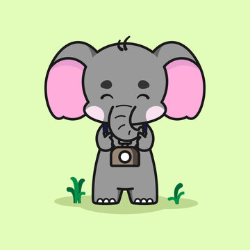Cute elephant with a camera is making the Korean love sign with its two hands. Cute elephant cartoon illustration isolated in green background. Fit for mascot, children's book, t-shirt design, etc.
