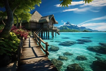 Beautiful tropical island with water bungalows. 3d render