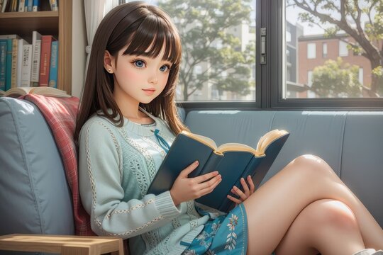 Beautiful young woman reading a book while sitting on the sofa at home