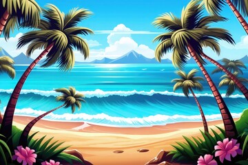 Fototapeta na wymiar Tropical beach with palm trees and flowers, vector illustration