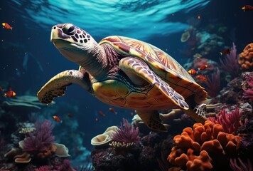 Obraz premium Green sea turtle swimming in the deep blue sea. 3d rendering