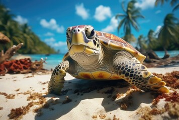 Green sea turtle on a tropical beach at Seychelles.