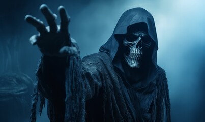 Fototapeta na wymiar Grim reaper walking in a misty room for halloween