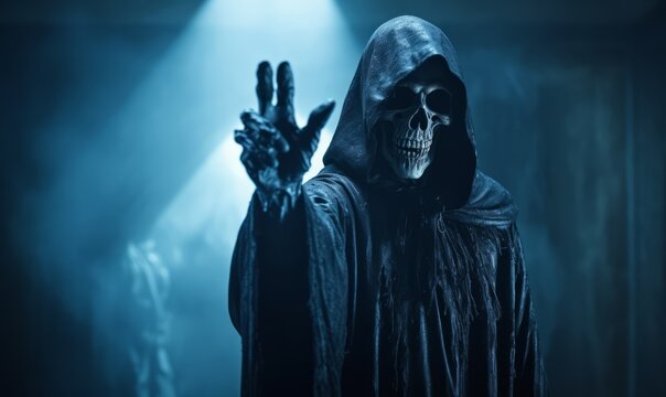 Grim reaper walking in a misty room for halloween