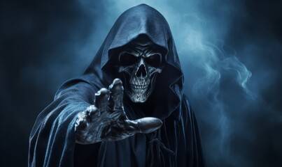 Fototapeta na wymiar Grim reaper walking in a misty room for halloween