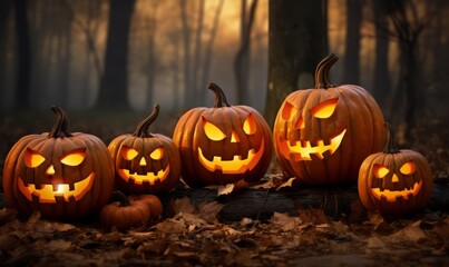 Fototapeta premium Scary halloween pumpkinin in forest in a halloween night