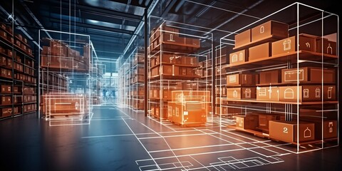 Futuristic Technology Retail Warehouse: Digitalization and Visualization of Industry 4.0 Process that Analyzes Goods. Generative AI technology. - obrazy, fototapety, plakaty