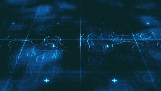 Topographic Map Scanner Exploration Background/ 4k animation of a 3d technology topographic map exploration with layered outlined terrain relief and area landmarks and depth of field blur on white tor