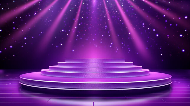 Festive empty purple stage or podium for product presentation, background with shiny glow beams lights and bokeh. Generative AI	