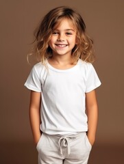 Little pretty girl smiling model posing at camera in bright studio. Generative AI