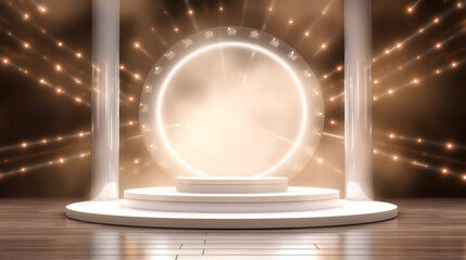 Festive empty white stage or podium for product presentation, background with shiny glow beams lights and bokeh. Generative AI