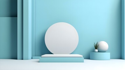 Minimal Studio Background in sky blue Colors. Modern Podium for Product Presentation
