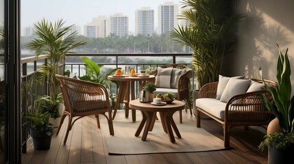 Obraz premium Balcony view: chairs, table, plants, open feel