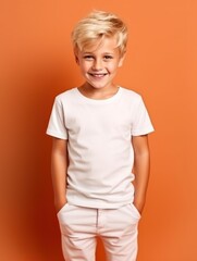 Little pretty boy smiling model posing at camera in bright studio. Generative AI