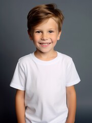 Little pretty boy smiling model posing at camera in bright studio. Generative AI