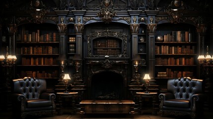 Library room: bookshelves, reading chairs, literary elements