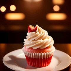 Delicious pink strawberry cupcake with a strawberry. Cupcakes and pink icing with a strawberries on top