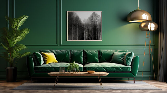 interior of living room with green sofa 3d rendering