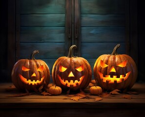 photo halloween Spooky evil pumpkins on a wooden table with copy space text for halloween day concept.Ai generated