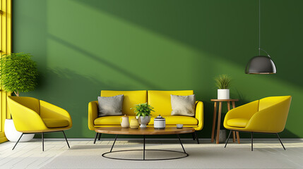 interior of modern living room with yellow armchair and green wall 3d rendering