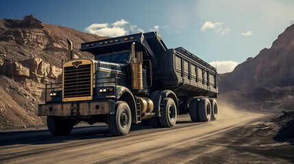 Mine backdrop with coal hauling truck, clear sky
