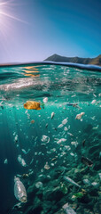 Plastic bags littering the ocean are floating in the under water. An underwater view floating trash.