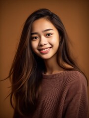 Fototapeta premium Asian Girls' Education. Happy beautiful Asian Girl is smilling on color background. Generative AI