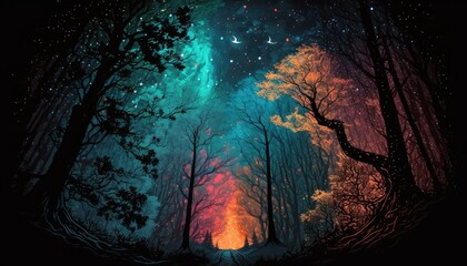 Obraz na płótnie Canvas awe inspiring cosmos dark space forest landscape with glowing stars generative ai