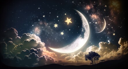 Naklejka na ściany i meble beautiful moon and star landscape wallpaper for cosmic daydreams generative ai
