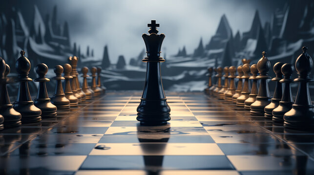 business strategy brainstorm chess board game with hand touch black background with free copy space for your text