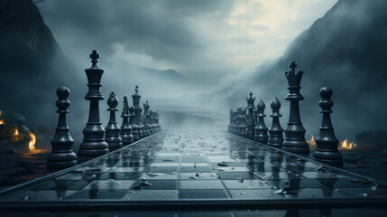 business strategy brainstorm chess board game with hand touch black background with free copy space for your text