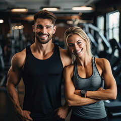 couple flexing their muscles, working out in gym, health and wellness - obrazy, fototapety, plakaty