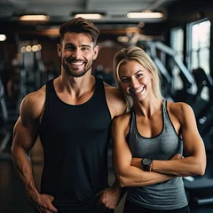 Fototapete Fitness couple flexing their muscles, working out in gym, health and wellness