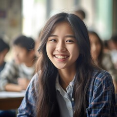 Obraz premium Asian Girls' Education. Happy beautiful Asian Girl is smilling. Generative AI