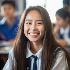 Fototapeta premium Asian Girls' Education. Happy beautiful Asian Girl is smilling. Generative AI
