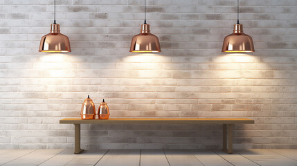 room with copper metal lamps over white brick wall 3d rendering