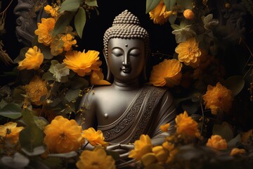 Buddha statue with yellow flowers on black background.Generative Ai
