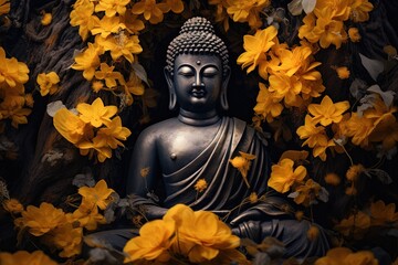 Fototapeta premium Buddha statue with yellow flowers on black background.Generative Ai