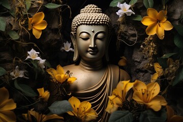Buddha statue with yellow flowers on black background.Generative Ai - obrazy, fototapety, plakaty