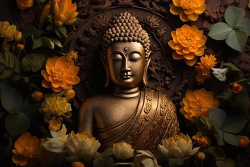 Fototapeten Buddha statue with yellow flowers on black background.Generative Ai © Rudsaphon