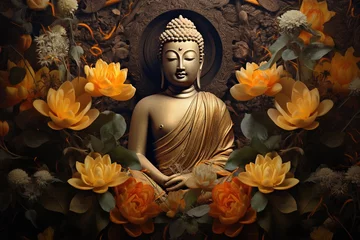 Foto op Canvas Buddha statue with yellow flowers on black background.Generative Ai © Rudsaphon