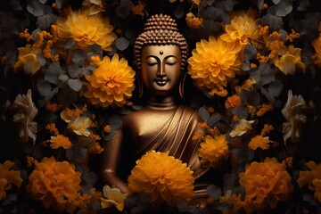 Buddha statue with yellow flowers on black background.Generative Ai