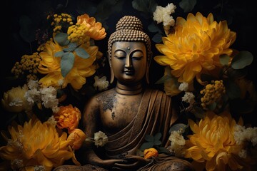 Buddha statue with yellow flowers on black background.Generative Ai