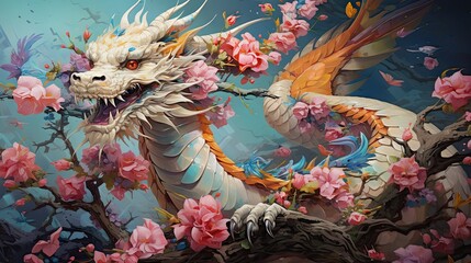White and blue dragon with fantasy flowers and colorful butterflies background. Generative AI © Virtual Art Studio