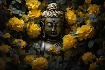 Tuinposter Buddha statue with yellow flowers on black background.Generative Ai © Rudsaphon