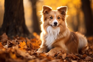 A red and white colored dog lies under a tree in an autumn landscape