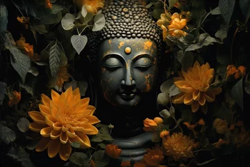 Fotobehang Chocoladebruin Buddha statue with yellow flowers on black background.Generative Ai
