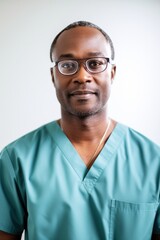 Close-up portrait of a friendly, afroamerican male medical worker on the background of a hospital hallway